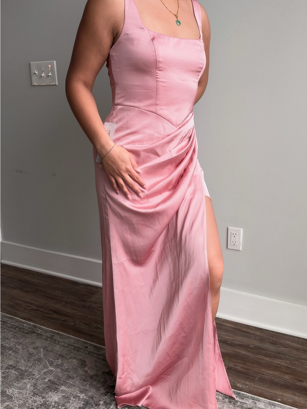 Azazie Blush Pink Square-Neck Gown with Draped Skirt and Thigh Slit